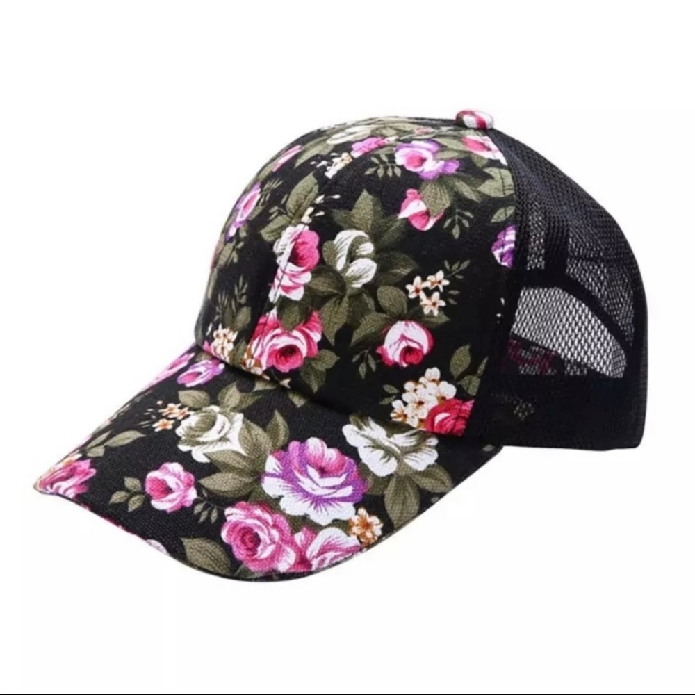 Boutique BLACK Floral Mesh Baseball Hat